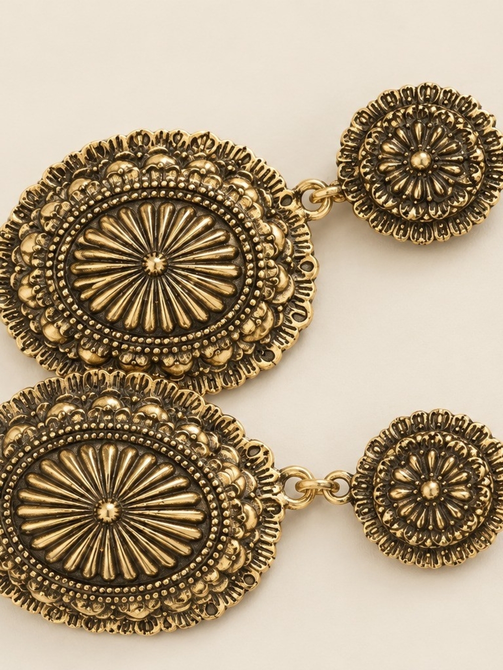 Vintage-Inspired Gold Drop Earrings - Sculpted Medallion Design